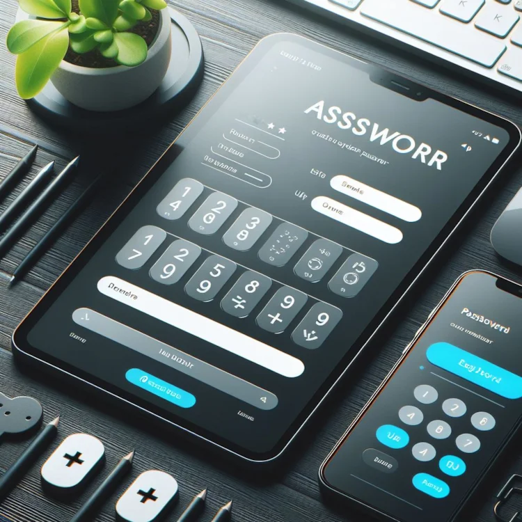 tablet, mobile phone, small plant and small pencils on dark woodgrain table